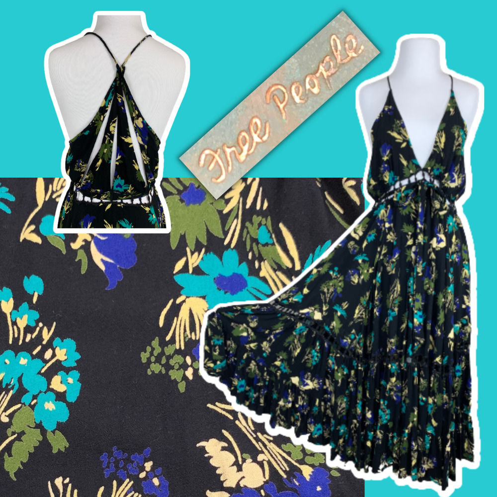 Free People Summer Sundress Dark Floral Crochet Festival Midi Maxi Boho SZ XS